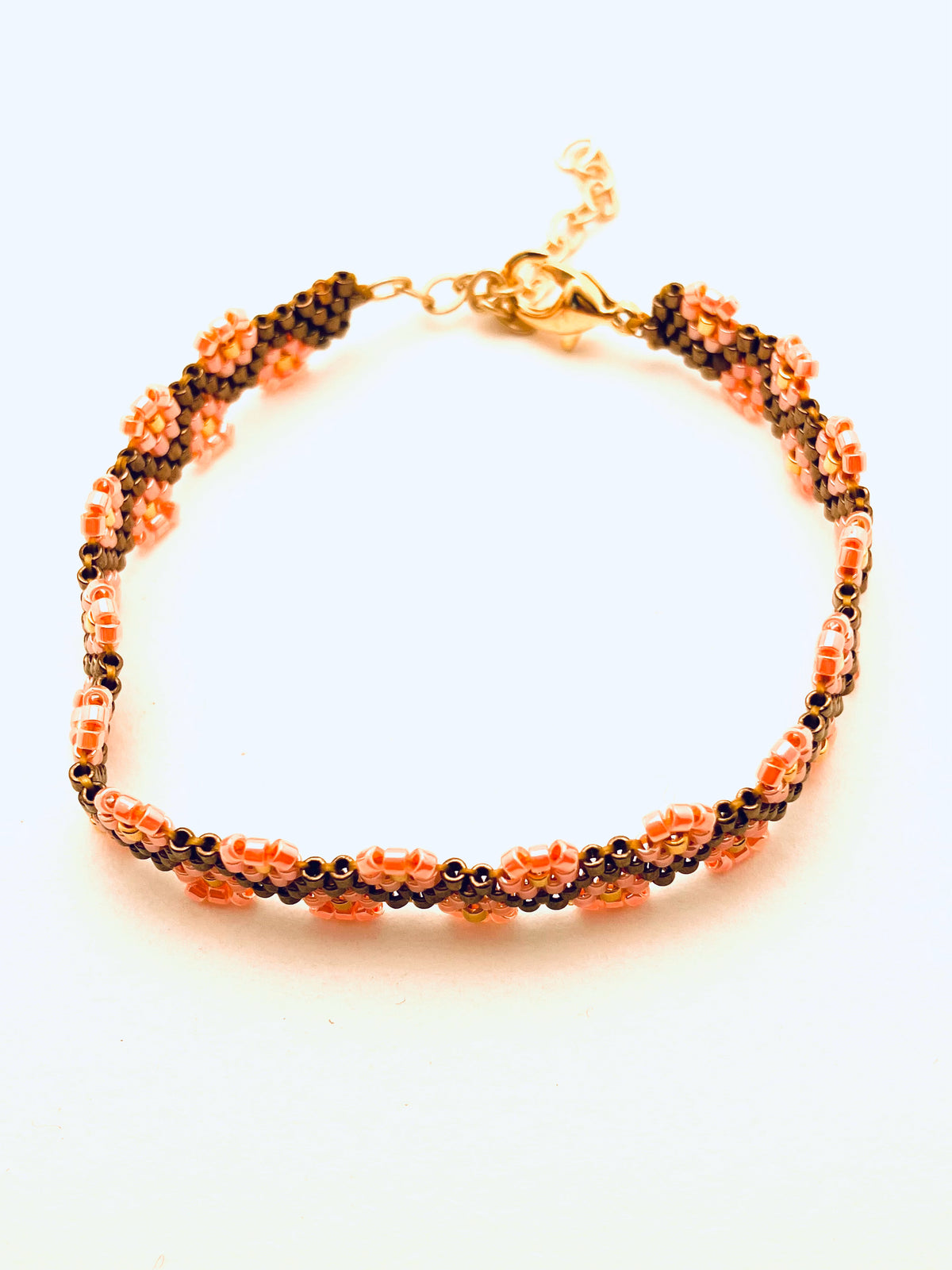 Beaded 4 Row Flower Edge Bracele, Pink and Purple
