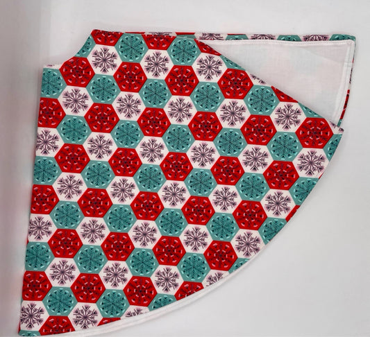 Red And Teal Hexagon Snowflake on White Christmas Tree Skirt