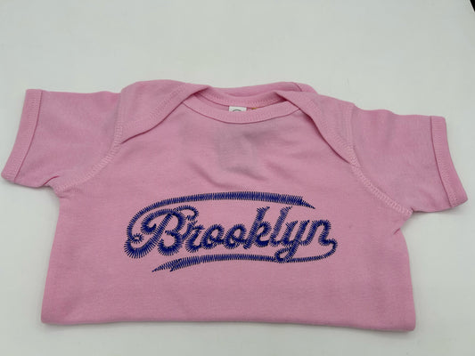 Brooklyn Script Onesie Blue on Pink Size 6M