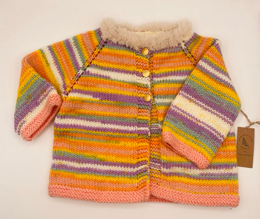 12-18 M Pastel Stripe Acrylic Knit Coat with Faux Fur Collar