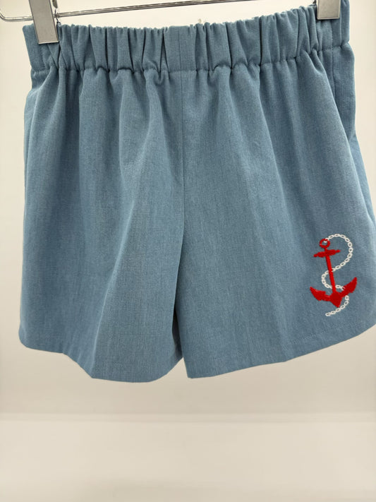 1 Y Shorts - Denim w/Red Mini Gingham Lining & Emroidered Anchor