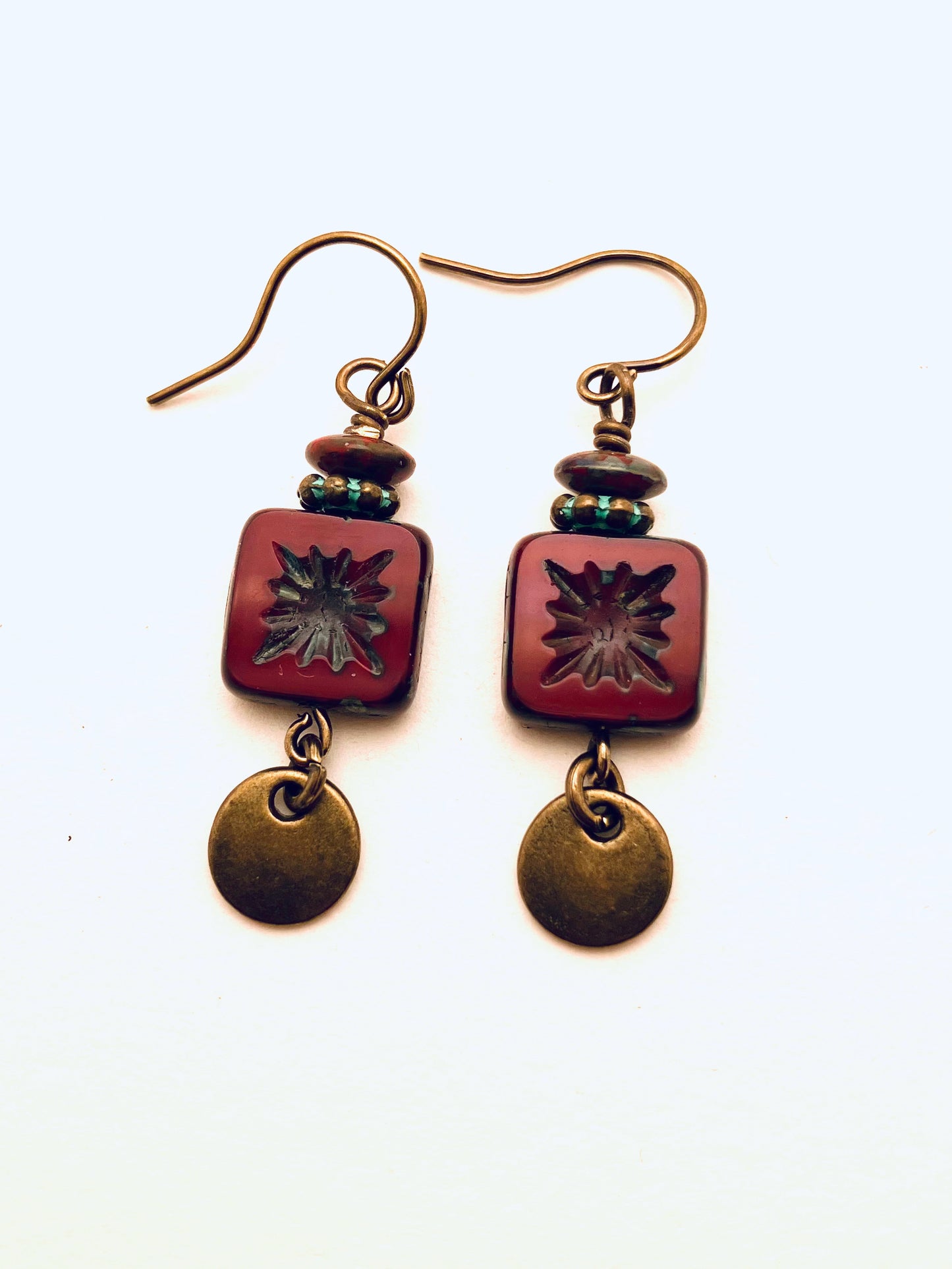 Czech Glass Earrings, Red Square