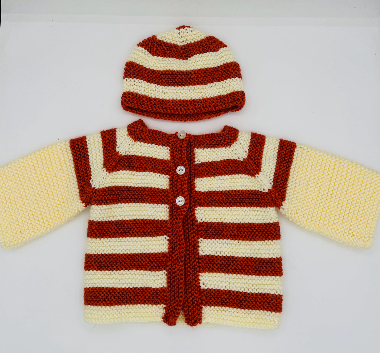 3-6 M Cream and Burnt Orange Stripe Acrylic Cardigan Set with Beanie