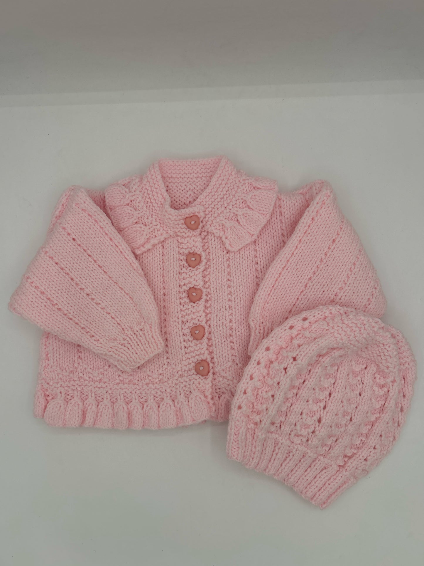 6-12 M Pink Acrylic Knit Cardigan Set with Beanie