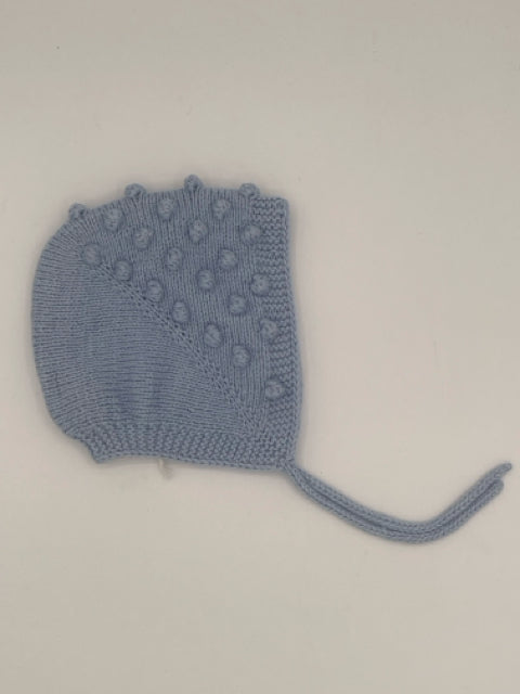 0-3 M Blue Cotton Knit Baby Bonnet with Bobbles and tie