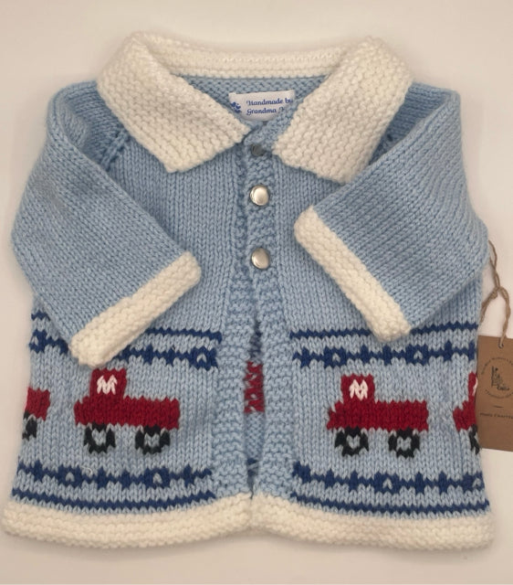 1 Y Light Blue with Red Truck Knit Cardigan