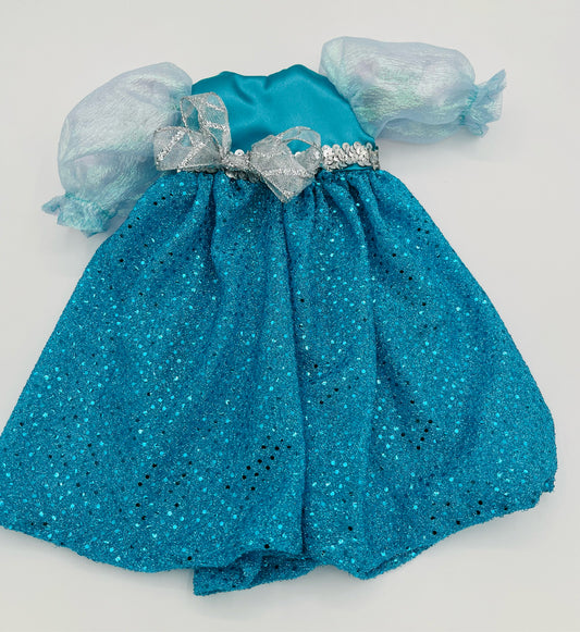 Aqua Sequin Skirt/Sheer Sleeve/Satin Top Dress with Silver Trim for 18" Doll