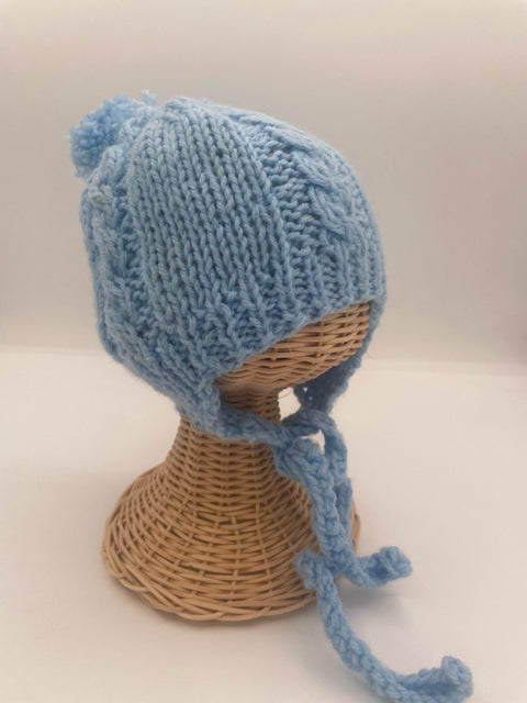 2 Y Light Blue Acrylic Knit Pom Pom Hat with Ties