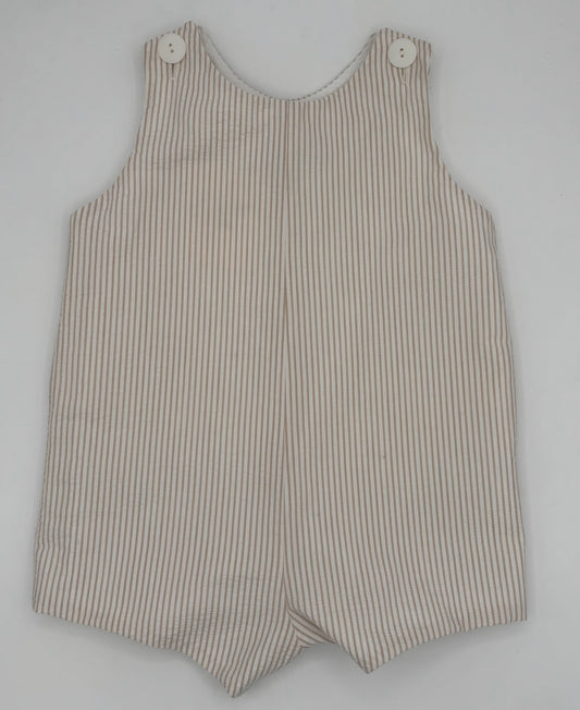 12 M Romper - Tan & White Stripe Seersucker