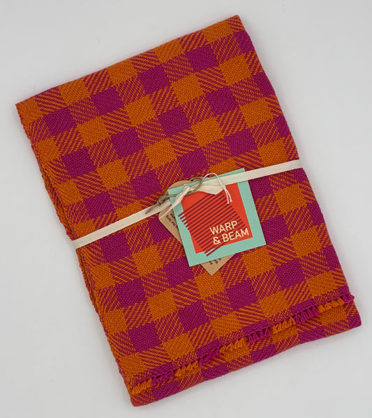 Hand Woven Checkerboard Towel - Orange & Magenta