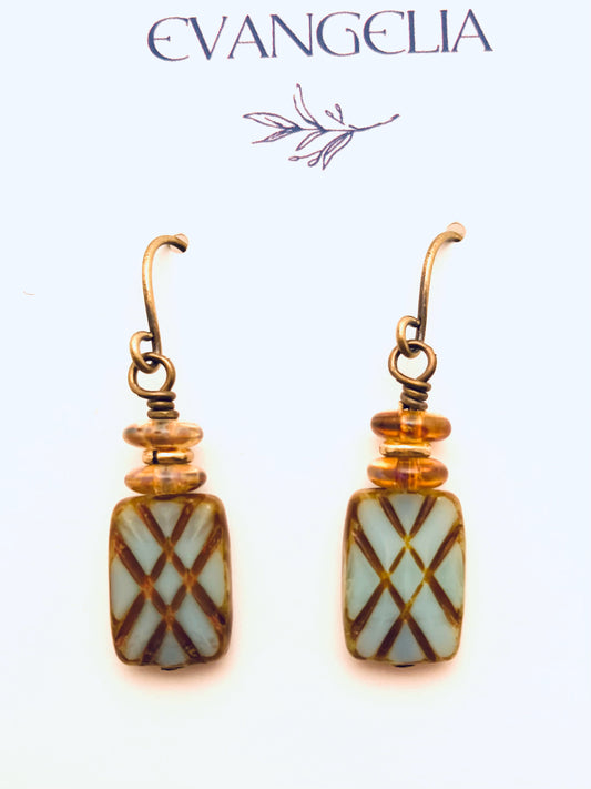 Czech Glass Earrings, Light Blue with Crosses