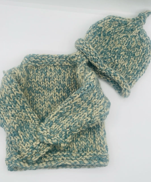 6-12 M Light Blue Marle Acrylic and Wool Blend Chunky Knit Pulliver with Hat