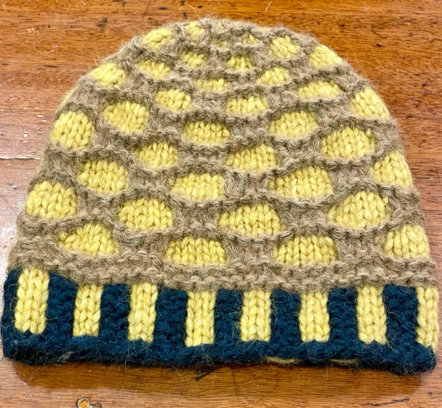 Adult S/M Navy and Mustard Cashmere Honeycomb Beanie