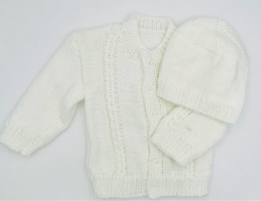 6-12 M White Acrylic Knit Cardigan Set with Beanie