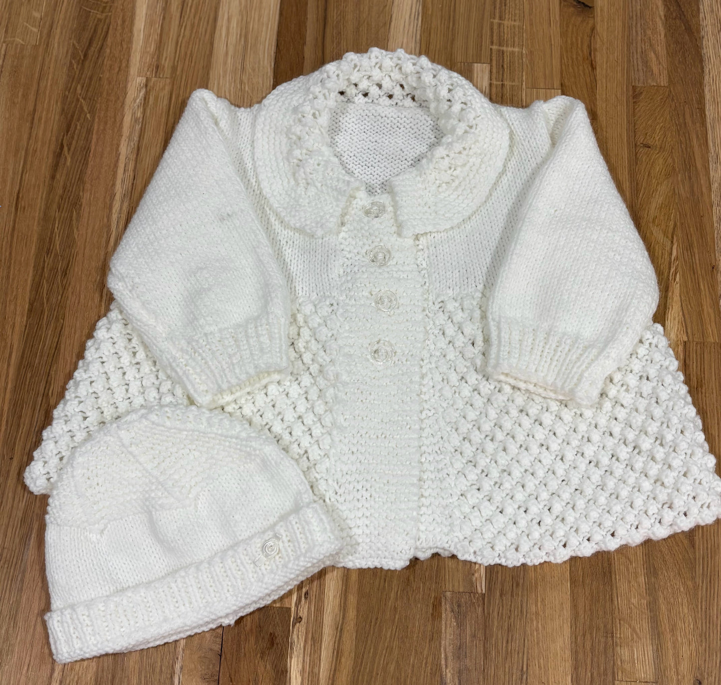 12 M White Acrylic Bobble Knit Jacket & Beanie