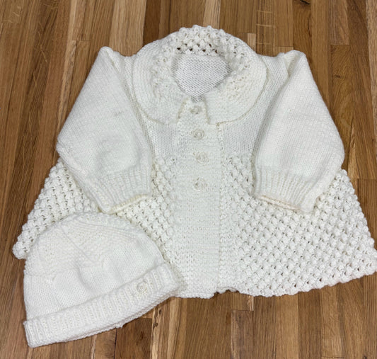 12 M White Acrylic Bobble Knit Jacket & Beanie