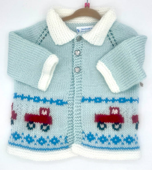 6-12 M Light Blue with Red Truck Knit Cardigan