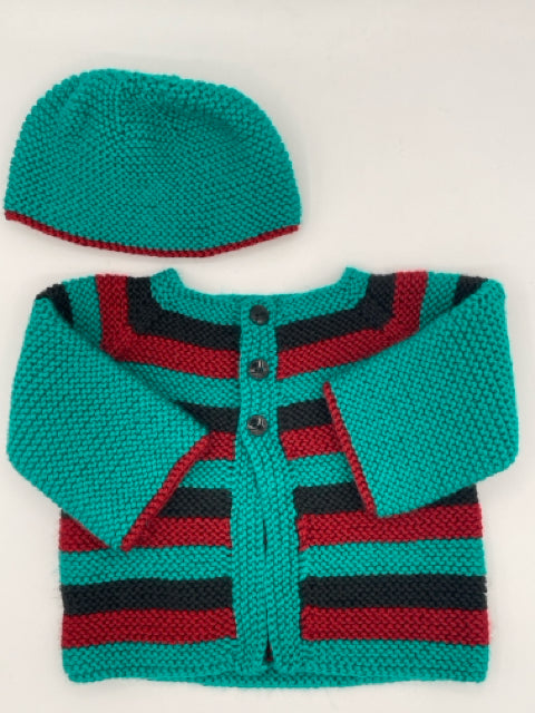 6-12 M Kelly Green with Black and Red Stripe Acrylic Cardigan Set with Beanie
