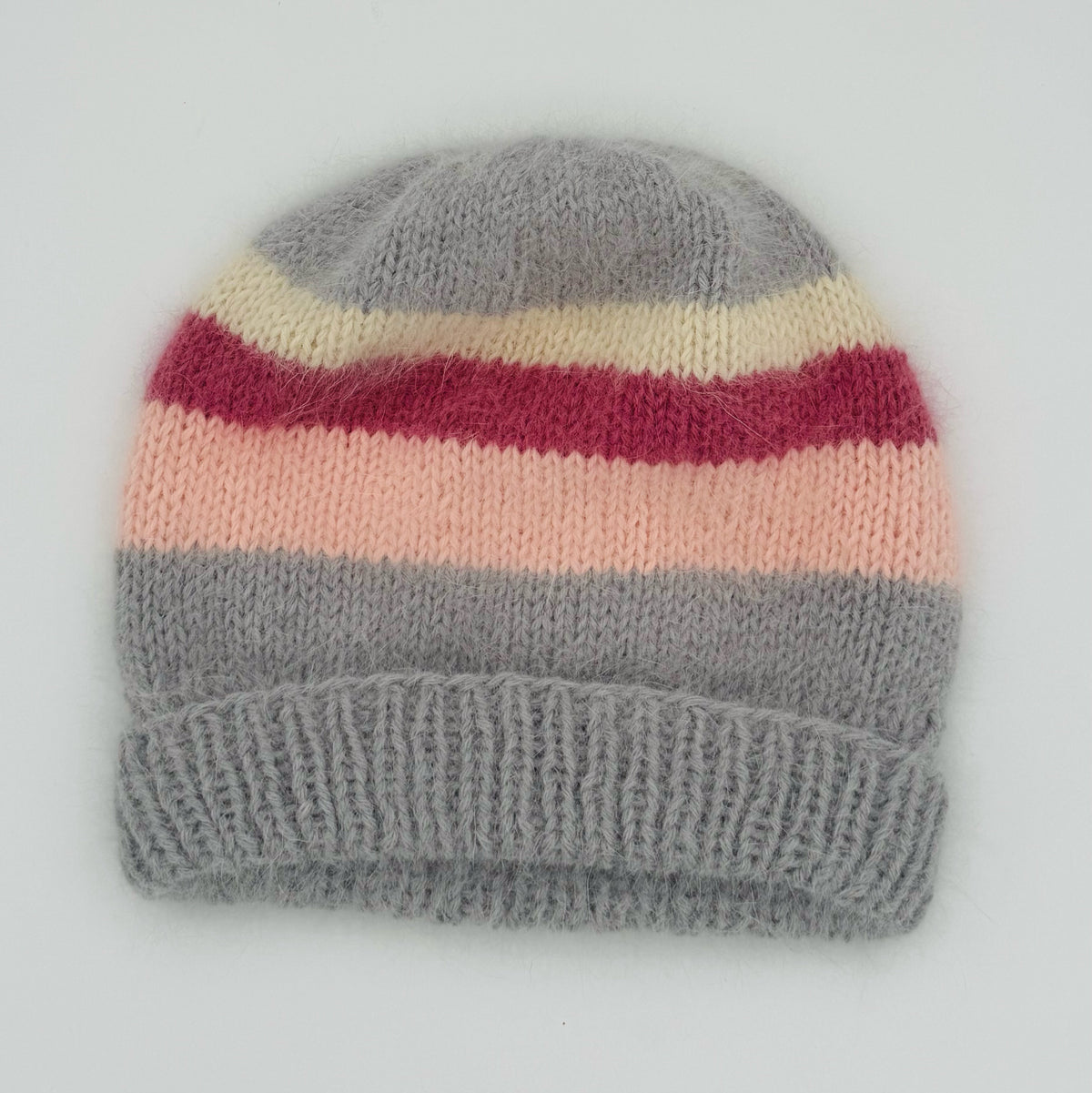 Adult L Grey and Pink Strip Angora Knit Beanie