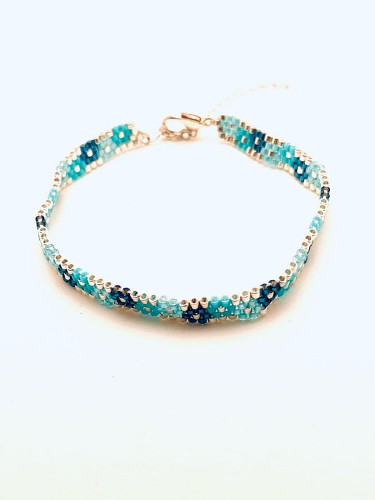 Beaded 4 Row Flower Bracelet, 3 Blues and Silver