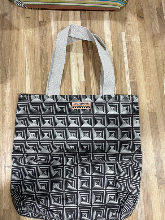 Brown and Beige Square Print Tote Bag