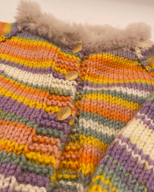 12-18 M Pastel Stripe Acrylic Knit Coat with Faux Fur Collar