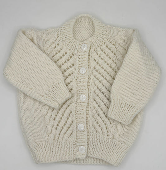 6-12 M White Acrylic Knit Cardigan with Lace Panels