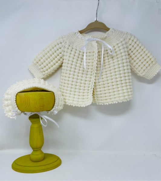 0-3 M Antique White Acrylic Knit Cardigan and Bonnet Set