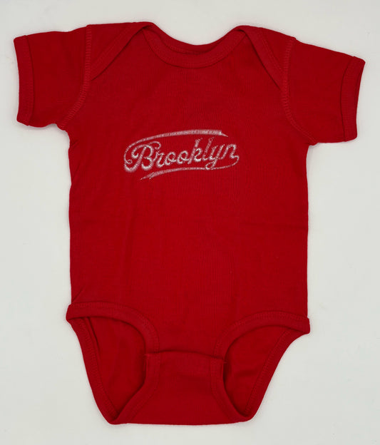 Brooklyn Script Onesie White on Red 6M