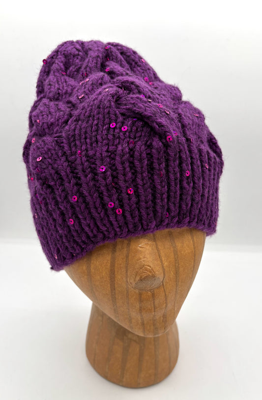 Adult Small Purple Acrylic Cable Knit Hat with Sequins