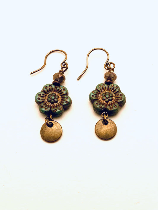 Czech Glass Earrings, Little Green Flower