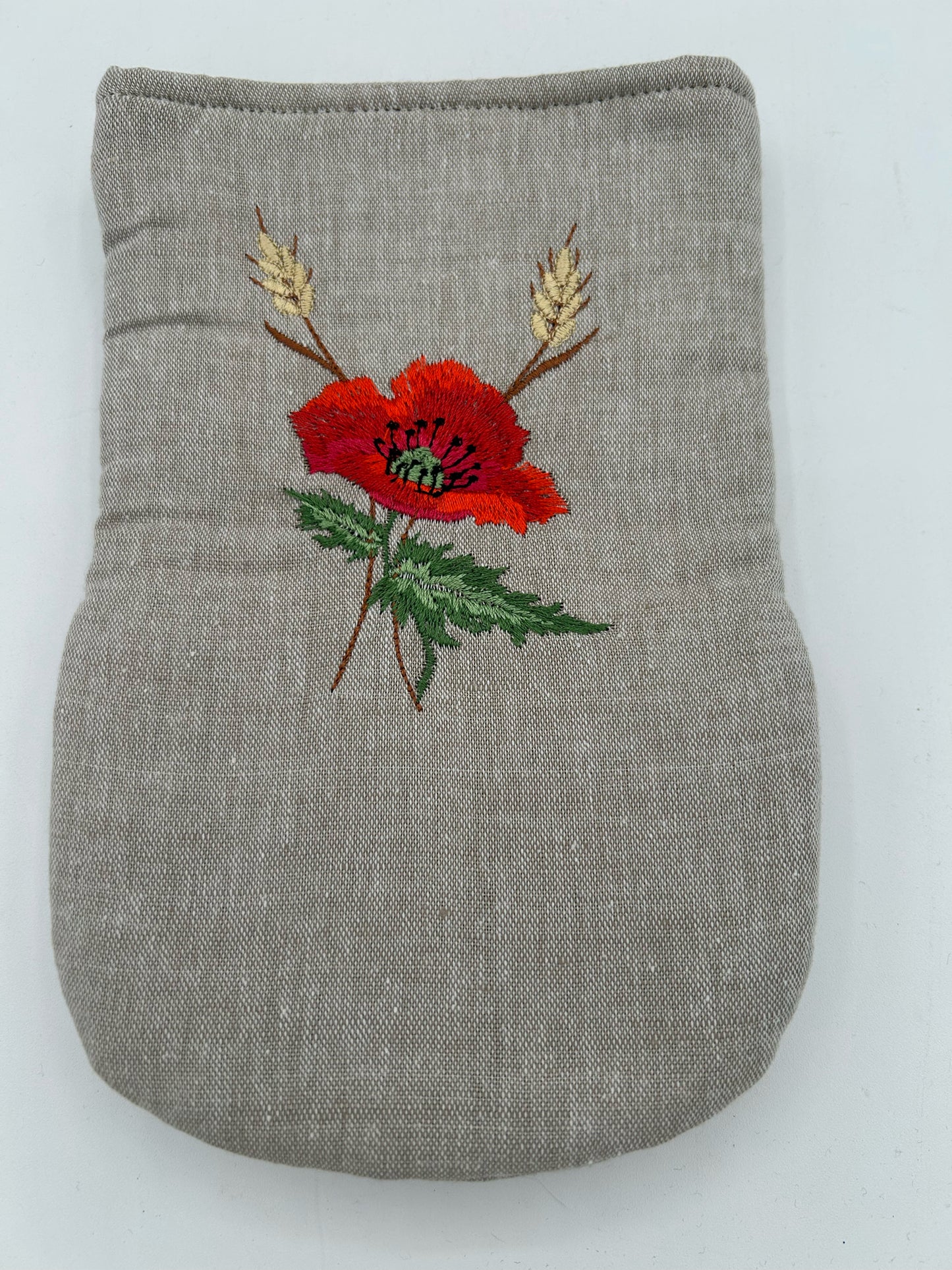 Linen Oven Mitt with Embroidered Poppy