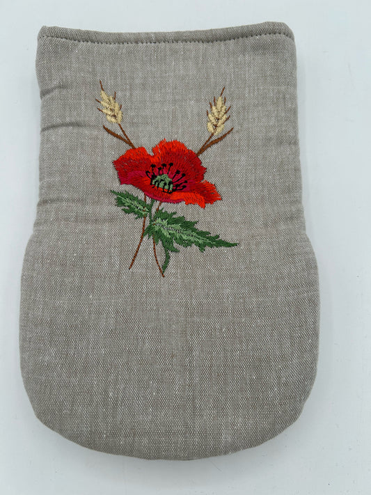 Linen Oven Mitt with Embroidered Poppy