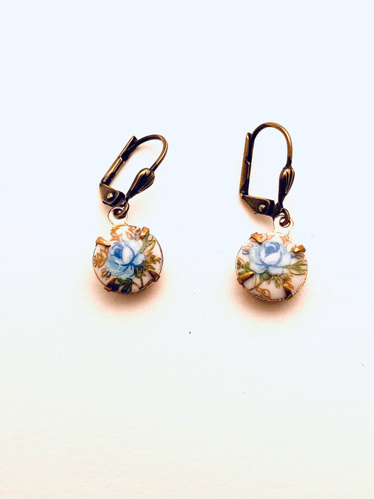 Vintage Rose Cabochon Earrings, Blue Rose