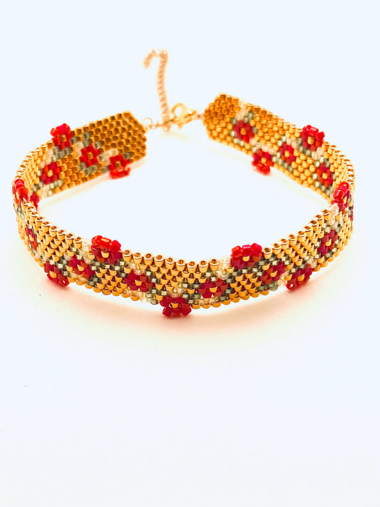 Beaded Garland Bracelet, Red and Gold