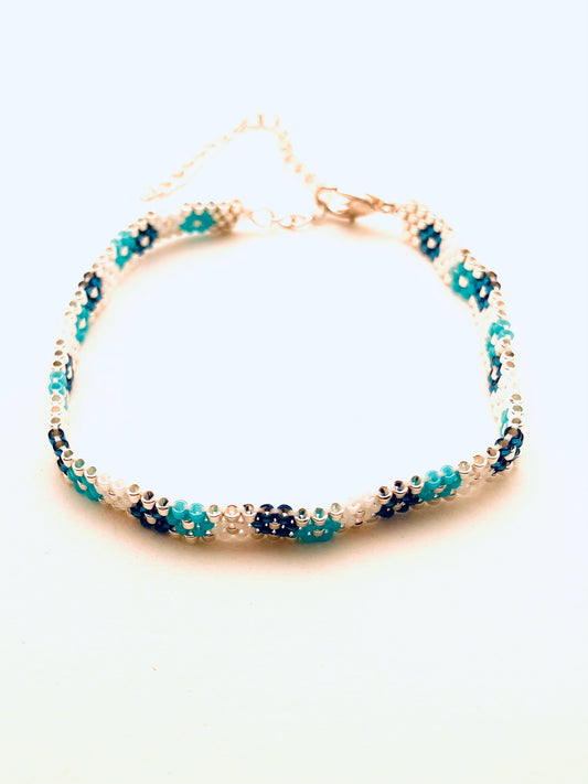 Beaded 4 Row Flower  Bracelet, Silver, Blue, Turquoise, White