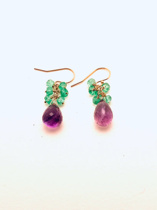 Amethyst Drop with Green Opal Cluster Earrings