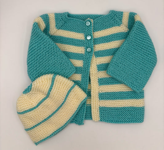 9-12 M Aqua and Cream Stripe Acrylic Cardigan Set with Beanie