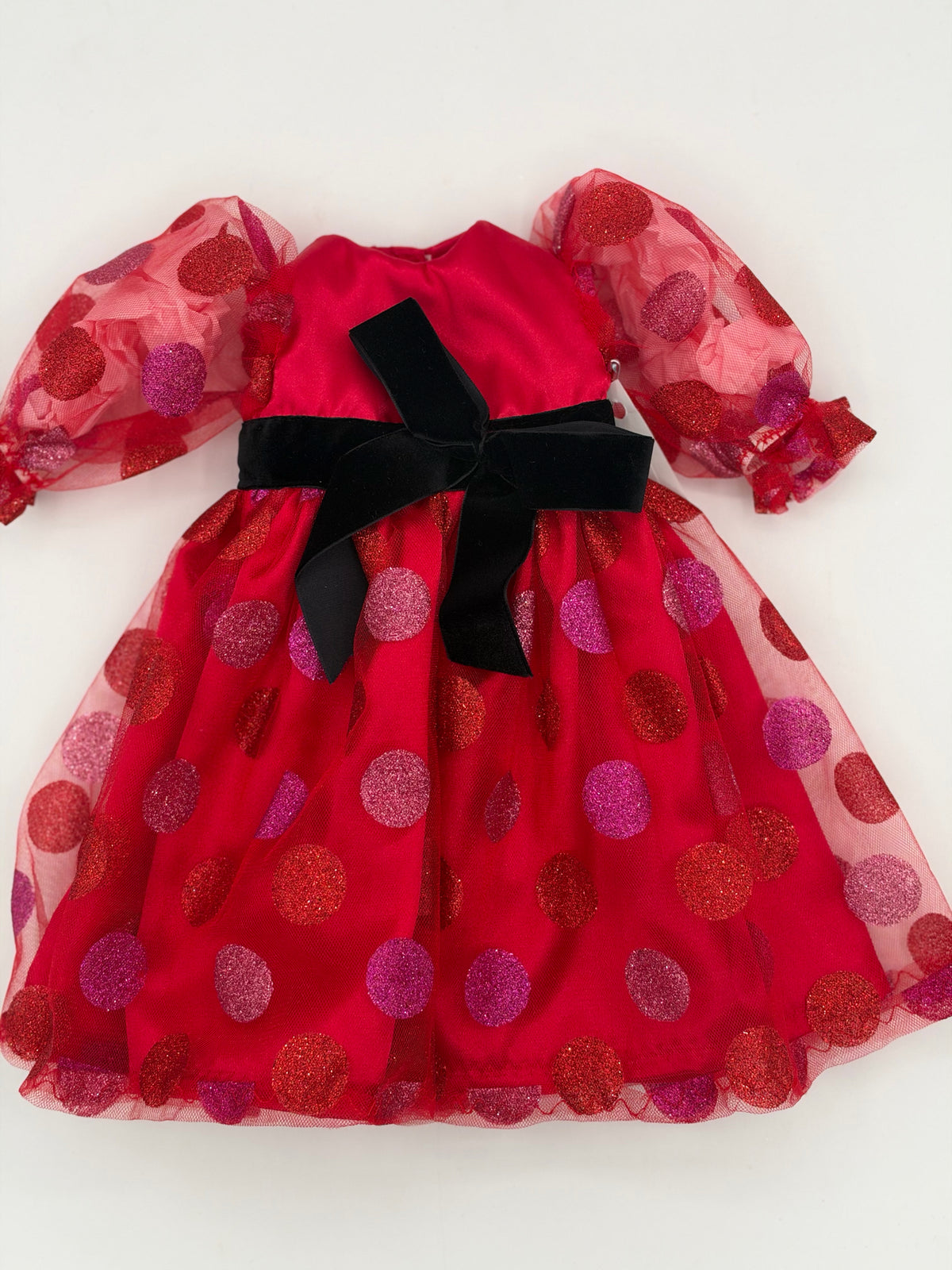 Red Satin Long Sleeved Dress w/Dot Overskirt and Black Velvet Ribbon for 18" Dol