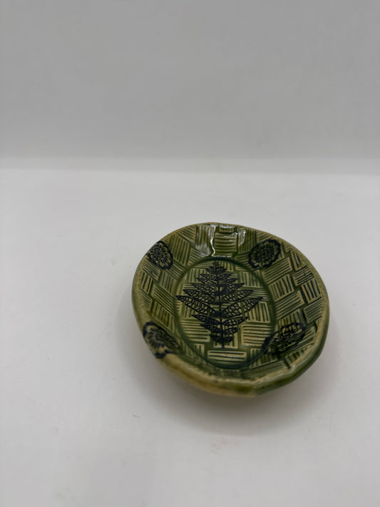 Green Oval Trinket Dish with Floral Design
