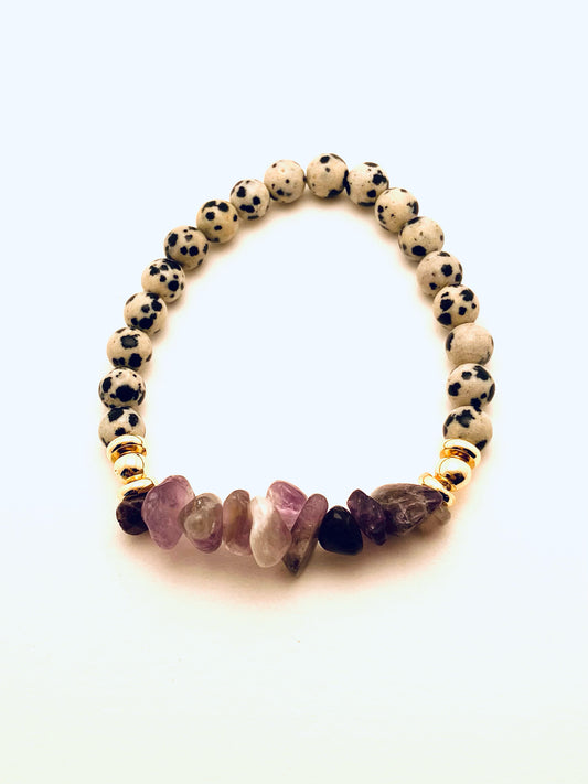 Dalmatian Bracelet Jasper Natural Stone with Purple Amethyst