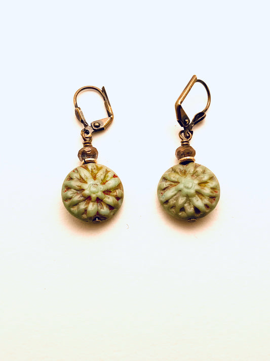Czech Glass Earrings, Light Green Circle