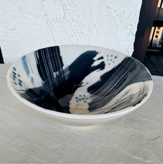 Stoneware White Bowl With Black & Blue Abstract Designs