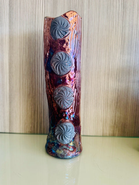 Raku Copper Glazed Hand Built Textured Vase With Four Black Buttons