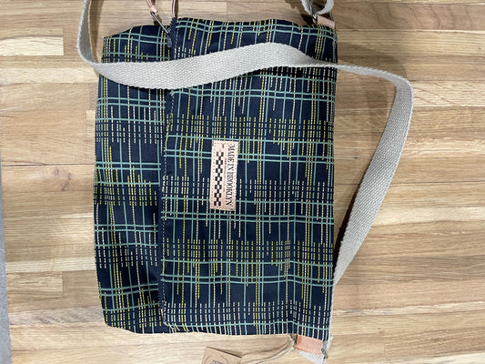 Black with Blue & Beige Lines Printed Foldover Crossbody Bag