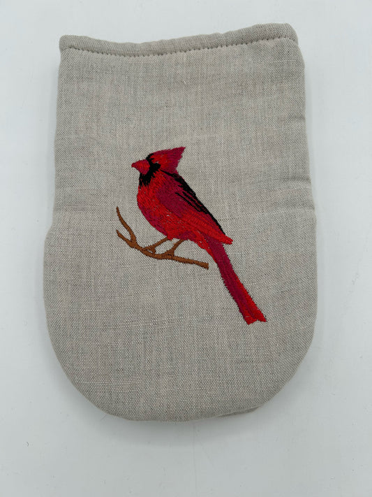 Linen Oven Mitt with Embroidered Cardinal