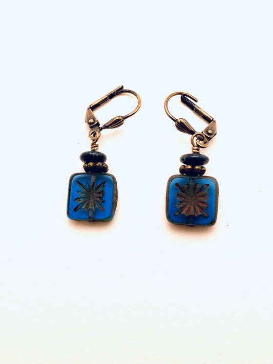 Czech Glass Earrings, Blue Square