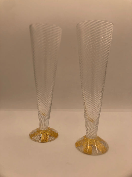 Set of Handblown Glass Champagne Flutes With Gold- Flecekd Base