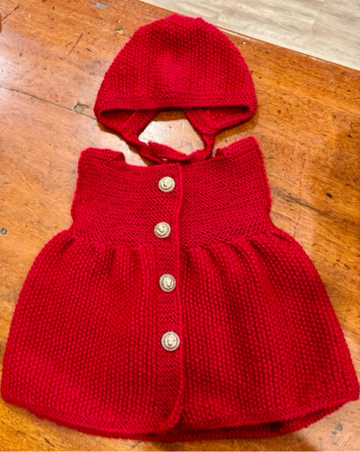 6 M Red Acrylic Knit Jumper and Bonnet Set