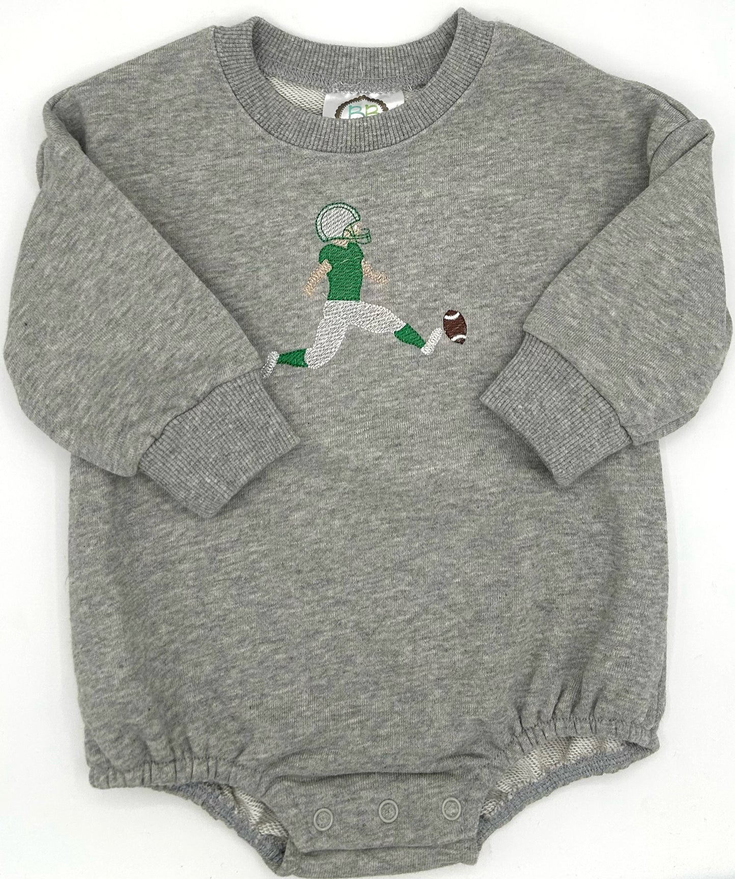 12 M Onesie Sweatshirt Long Sleeve - Cream w/Green & White Football Player